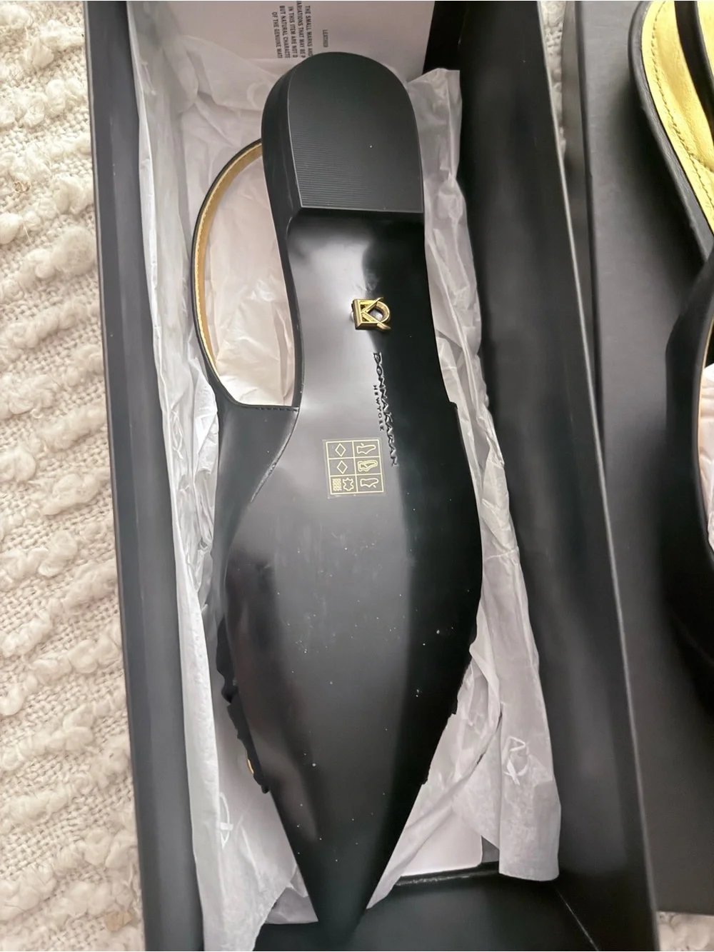 Donna Karan Black Pointed Slingback Flats with Gold Buckle Accent
